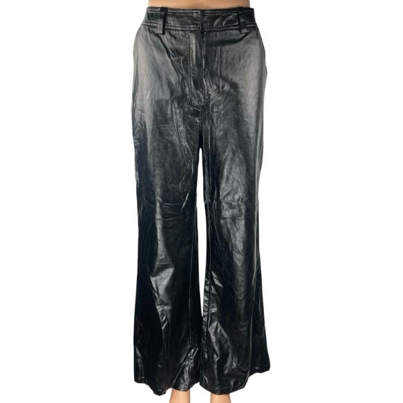 En Saison Women's Black Faux Vegan Leather High Waist Wide Leg Trousers Pants L - Picture 1 of 5